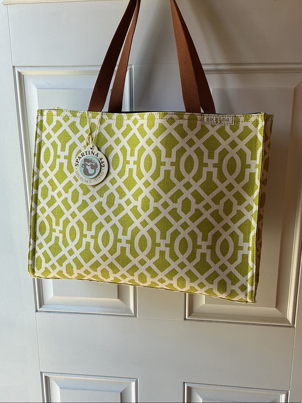 Spartina 449 Lime and White Geometric Heyward Market Tote with Brown Straps  NWT